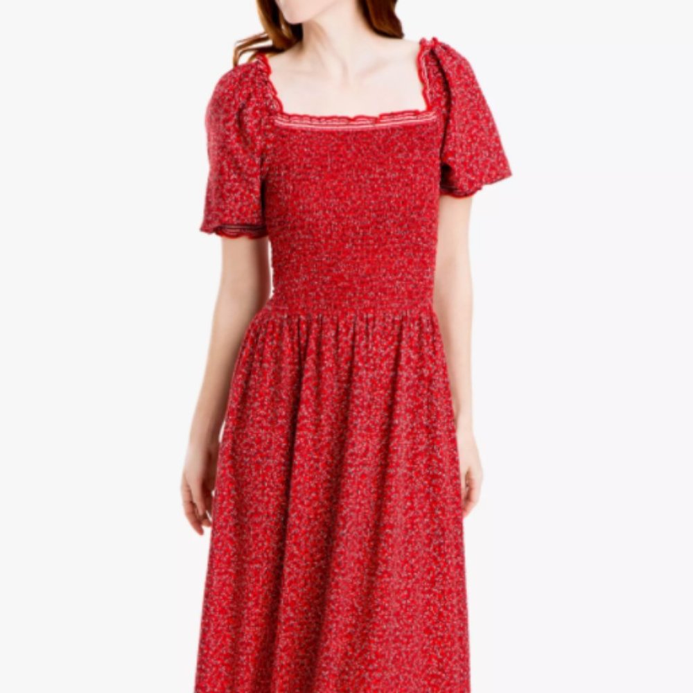 Max Studio Floral Square Neck Smocked Maxi Dress, Scarlet Size Small